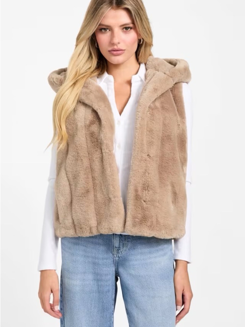 Guess Faux Fur Hooded Vest - Taupe Women’s Jacket